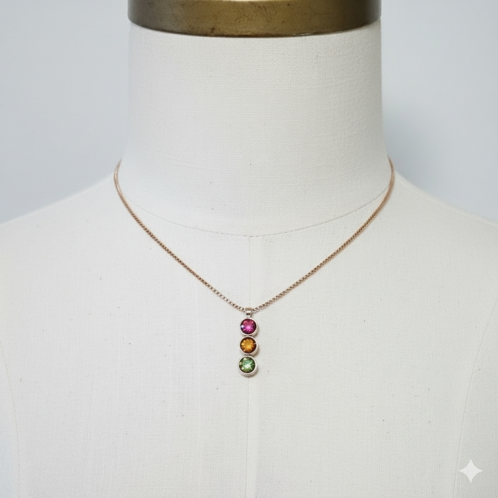 3 Gem Pendant 15" NEW Necklace Choker Red Yellow Green Gold Plated Vintage Glass